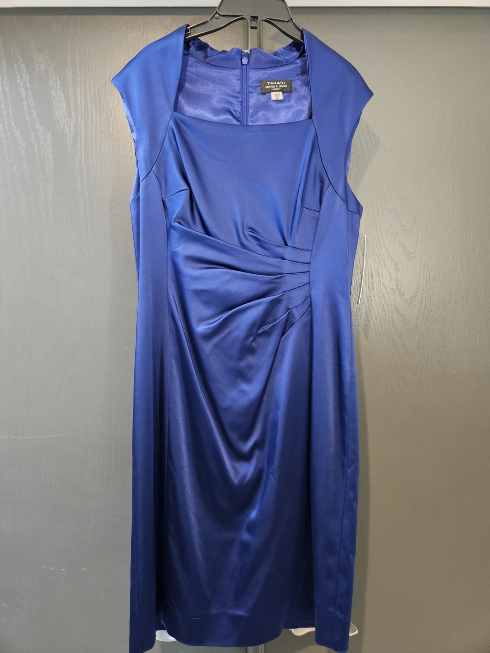 Tahari ASL Cobalt Satin Midi Dress with Side Drape 8 PETITE